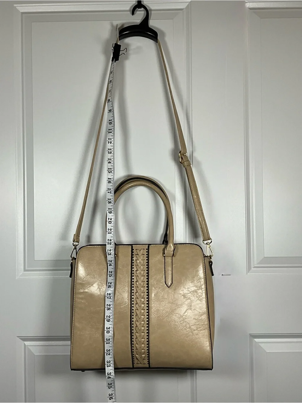 Neutral Beige Woven-Trim Satchel with Black Piping Faux Leather Braided Accent